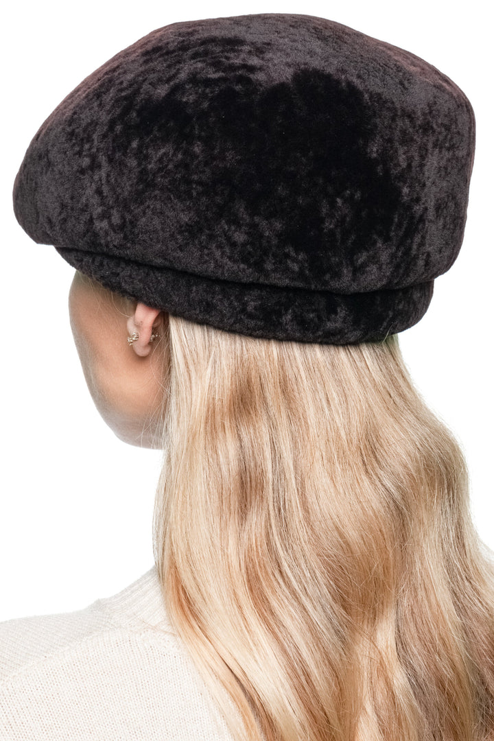Back view angle of Dark Brown Lamb Fur Beret Hat, plush lamb fur texture, handmade by FurbySD, reversible style option.
