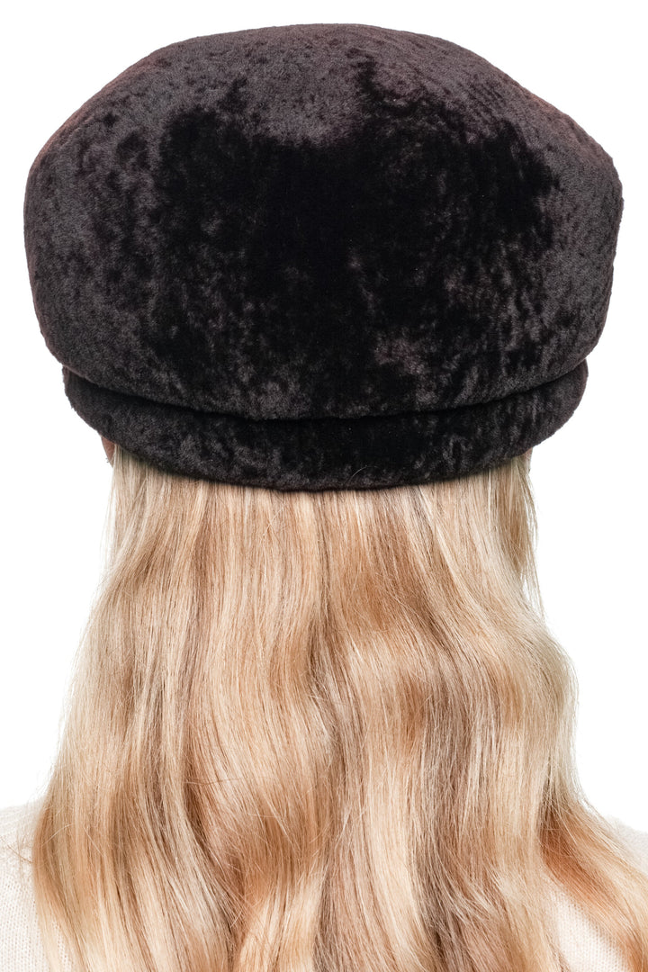 Full back view of Dark Brown Lamb Fur Beret Hat, handmade from South African lamb fur, luxury beret design by FurbySD.