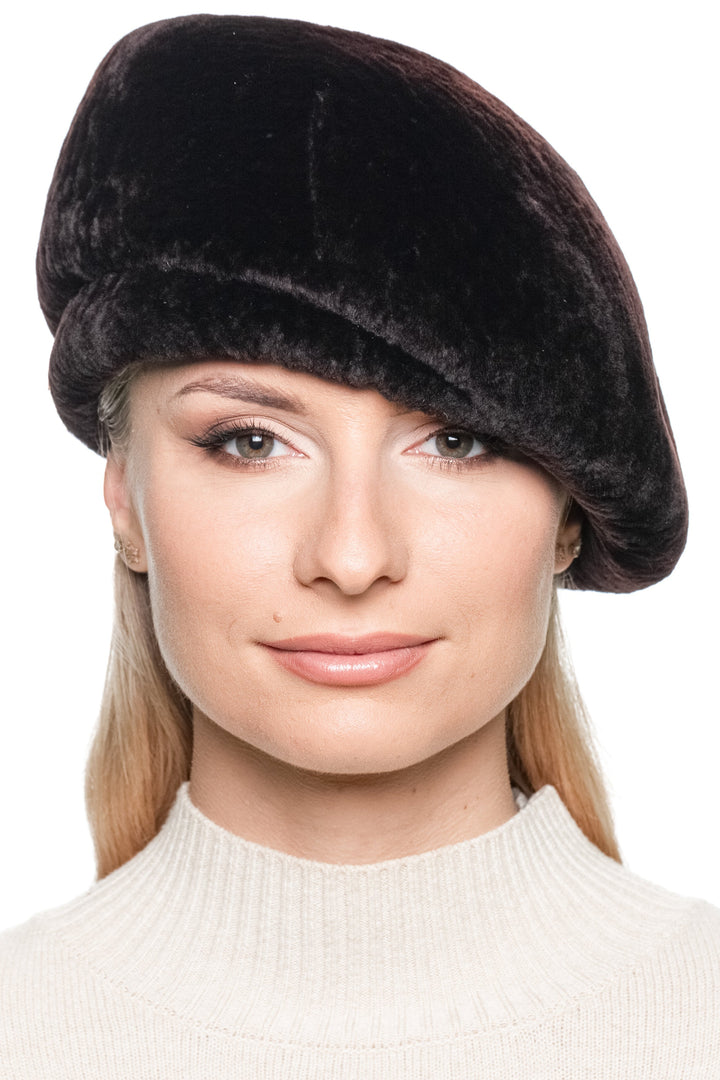 Dark Brown Lamb Fur Beret Hat handmade by FurbySD, genuine South African lamb fur, shown in versatile styling as a timeless beret.