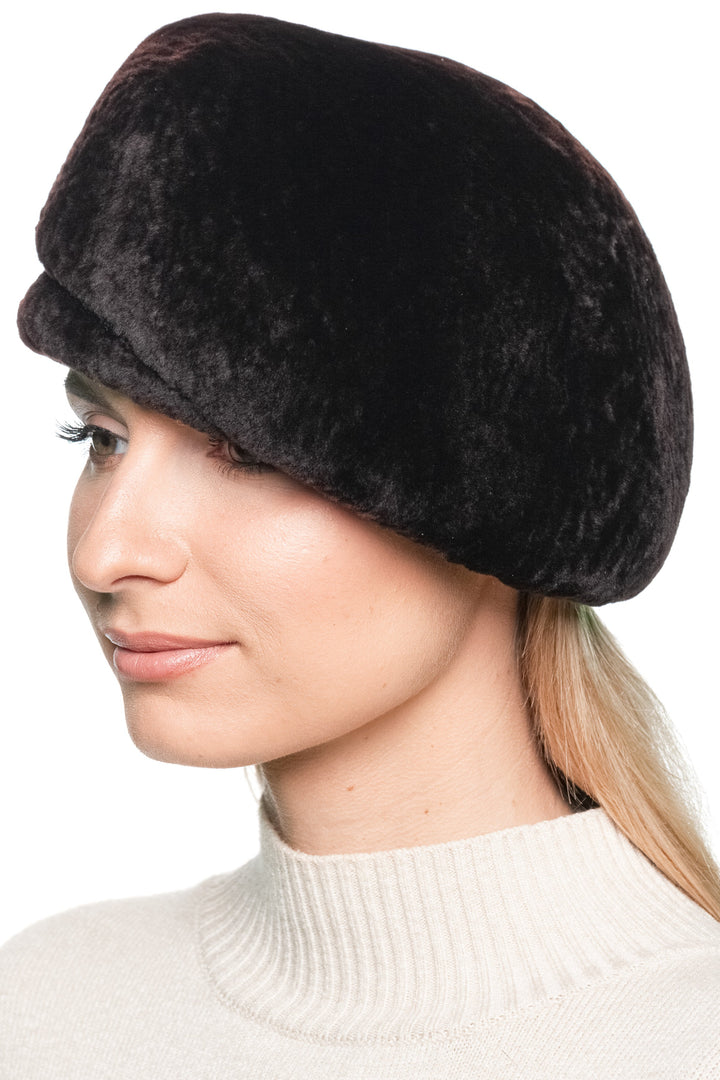 Left side angle of Dark Brown Lamb Fur Beret Hat, soft lamb fur texture, handmade by FurbySD, styled as an elegant beret cap.