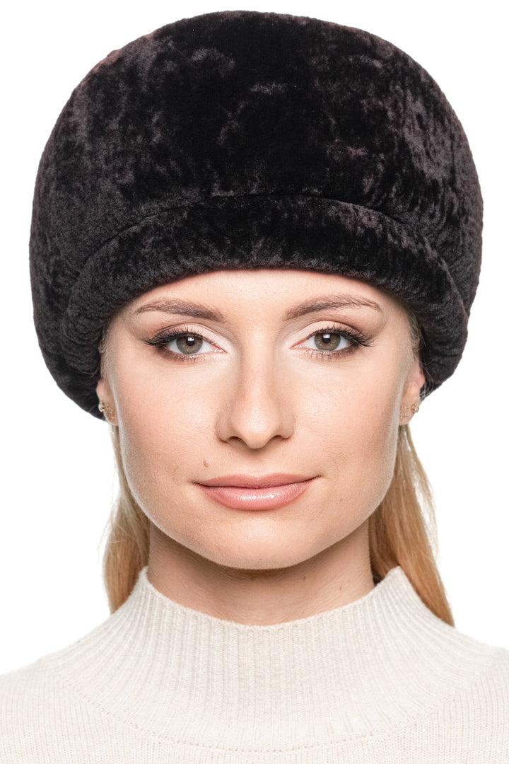 Front view of Dark Brown Lamb Fur Beret Hat in a deeper rounded position, handmade South African lamb fur hat by FurbySD.
