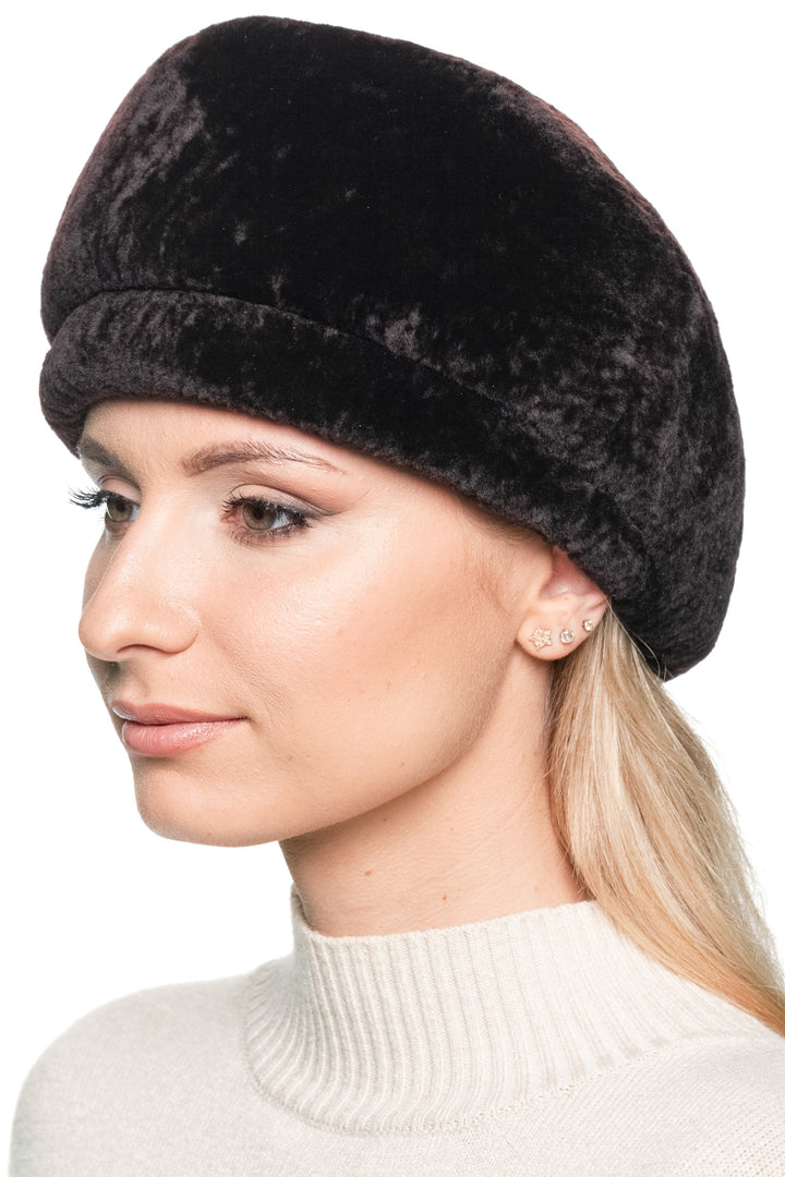 Left side angle of Dark Brown Lamb Fur Beret Hat, soft lamb fur texture, handmade by FurbySD, styled as an elegant beret cap.