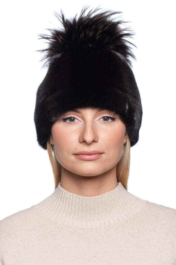 Dark Brown Mink Fur Hat With Fox Fur Pom Pom