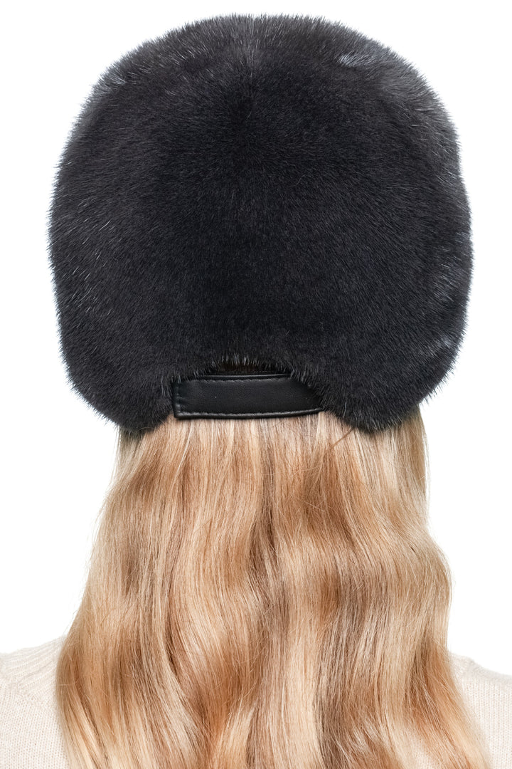 Back view of handmade dark grey mink fur baseball cap, unisex adjustable winter hat with brim, real mink fur cap for luxury cold weather wear.