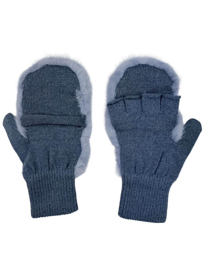 Introducing the Denim Blue Mink Fur Flip Top Mittens by FurbySD. These stylish mittens feature luxurious faux mink fur trim and a fingerless design that includes a convenient fold-over mitten cover, providing both warmth and versatility. Displayed flat against a white background, they showcase their elegant and fashionable design perfectly.