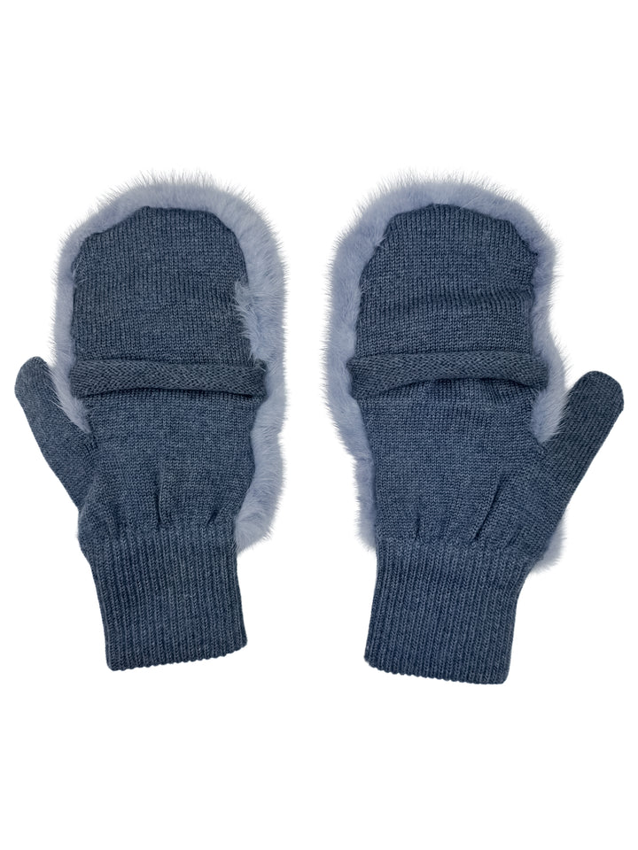 A pair of FurbySD's Denim Blue Mink Fur Flip Top Mittens is displayed against a white background.