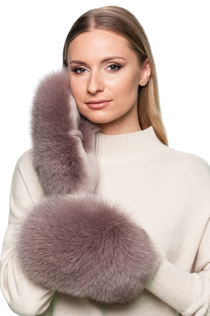 Convertible dusty pink fox fur mittens with flip top design, beige wool knit gloves for women, warm fingerless fur gloves for winter fashion.