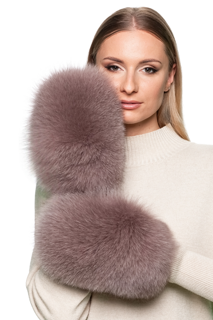 Dusty pink fox fur flip top mittens in beige merino wool knit, convertible fingerless gloves with real fur trim, handmade luxury winter accessories.