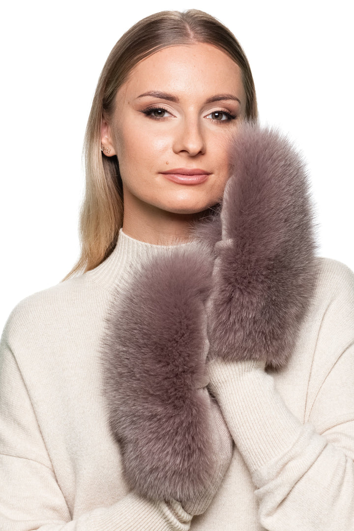 Model showing dusty pink fox fur mittens, flip top fingerless gloves in beige wool knit, soft fluffy real fur gloves for women.