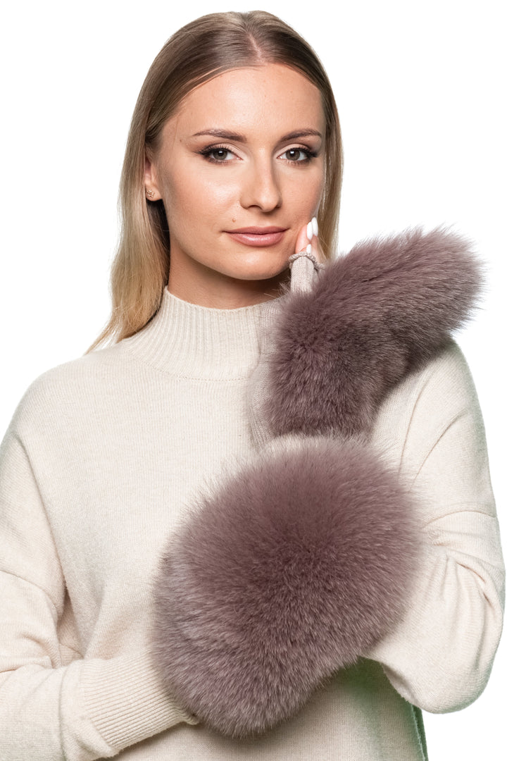 Pair of fluffy dusty pink fox fur mittens, flip top wool gloves with real fur, cozy convertible gloves for cold weather style.