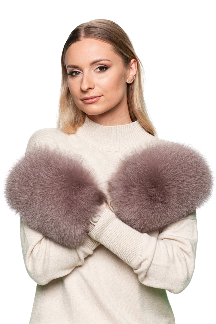 Luxury dusty pink fox fur flip top mittens styled with beige wool sweater, warm convertible gloves for winter elegance.