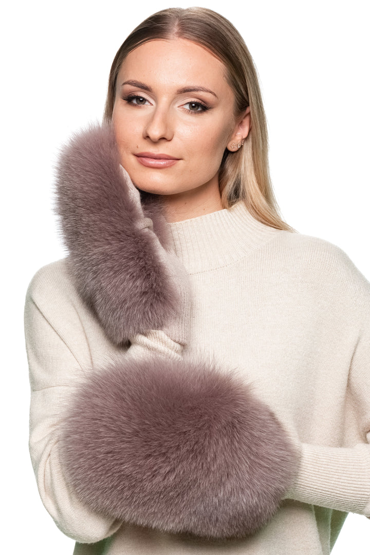 Close-up of fluffy dusty pink fox fur mittens, convertible wool gloves with fingerless design, handmade fur gloves for women.
