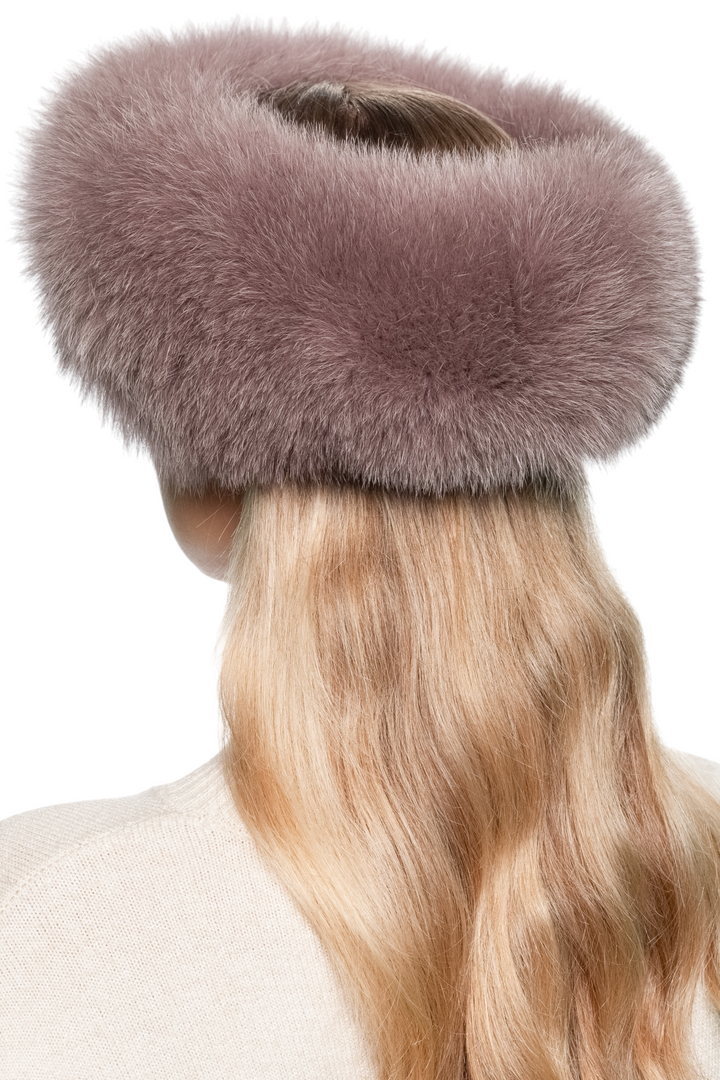 Luxury dusty pink fox fur headband, handmade wide fur band shown from back angle on model with long blonde hair, elegant winter accessory.