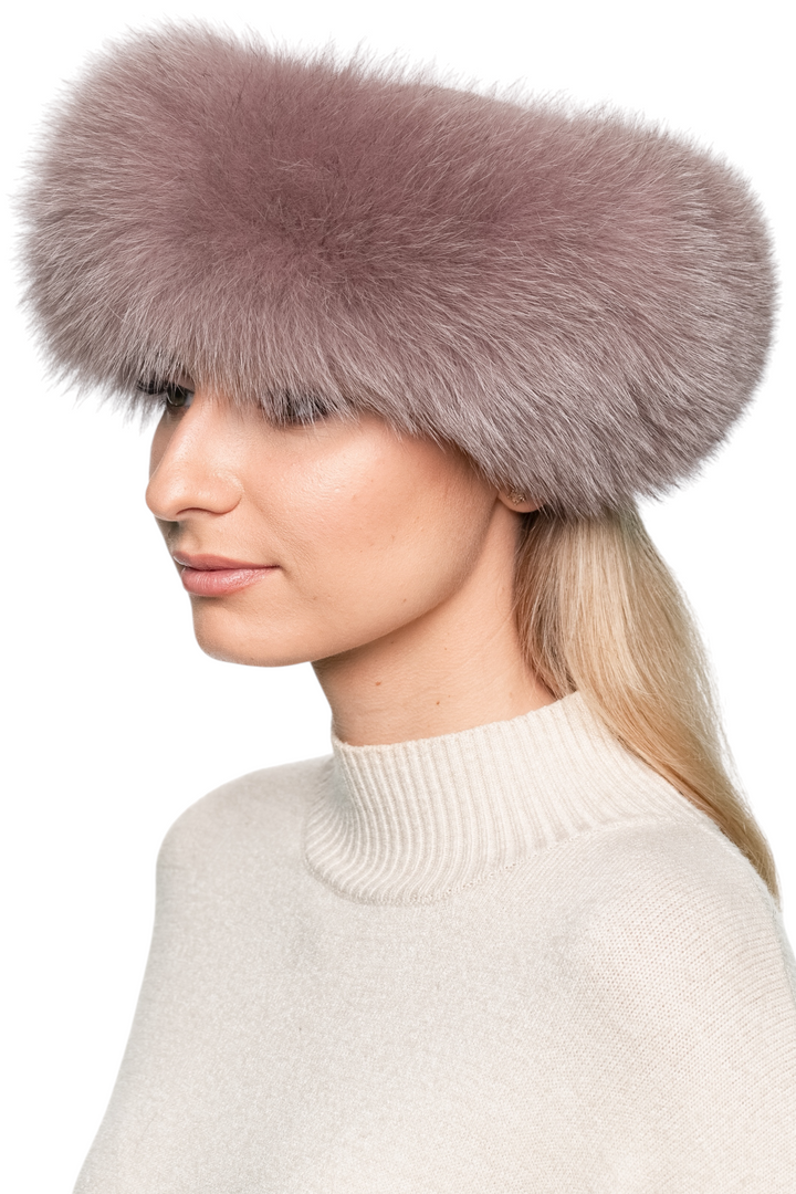 Side view of dusty pink fox fur headband for women, fluffy real fox fur ear warmer with wide design, handmade in Lithuania for winter fashion.