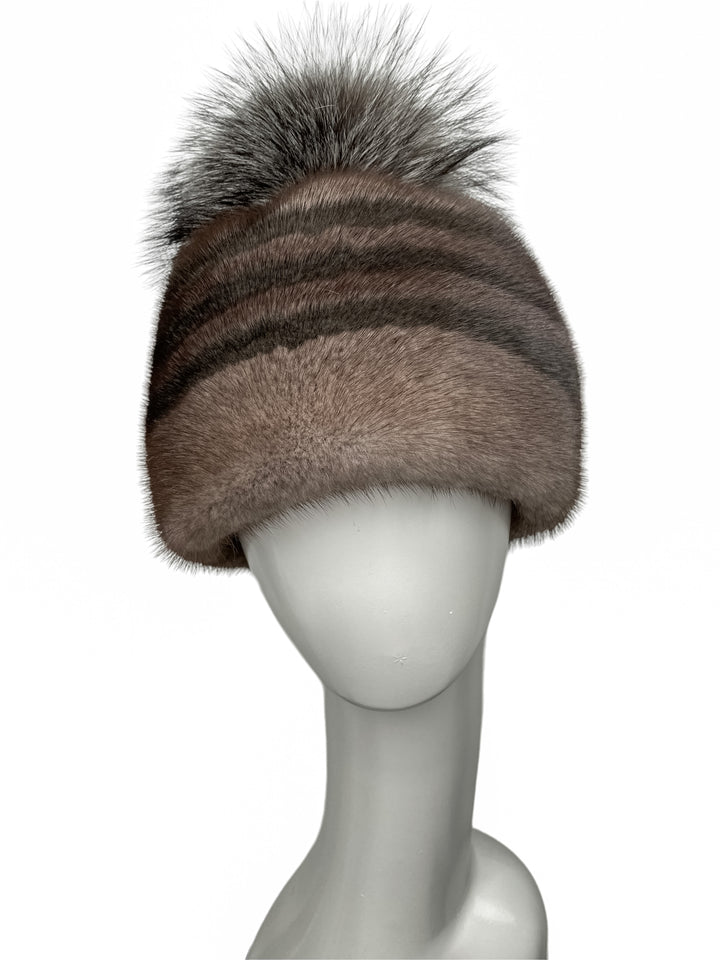 Elegant Striped Mink Fur Hat with Silver Fox Bobble