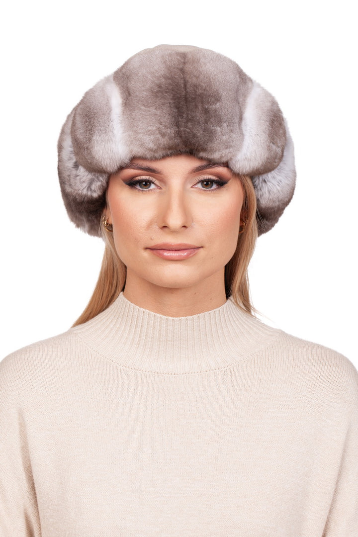 Chic beige chinchilla fur winter hat enhanced with finest cashmere top for added warmth and elegance.