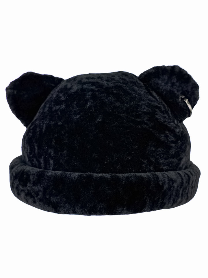 Front and back angle of model wearing black lamb fur beanie with bear ears, handmade winter hat.