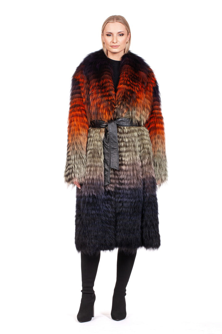 A person wearing a luxurious, multicolored Ultralight Fox Fur Coat by FurbySD, featuring a gradient from red to black and tied with a sleek black belt. With long, straight hair, they stand against a plain white background, exuding elegance in their attire.