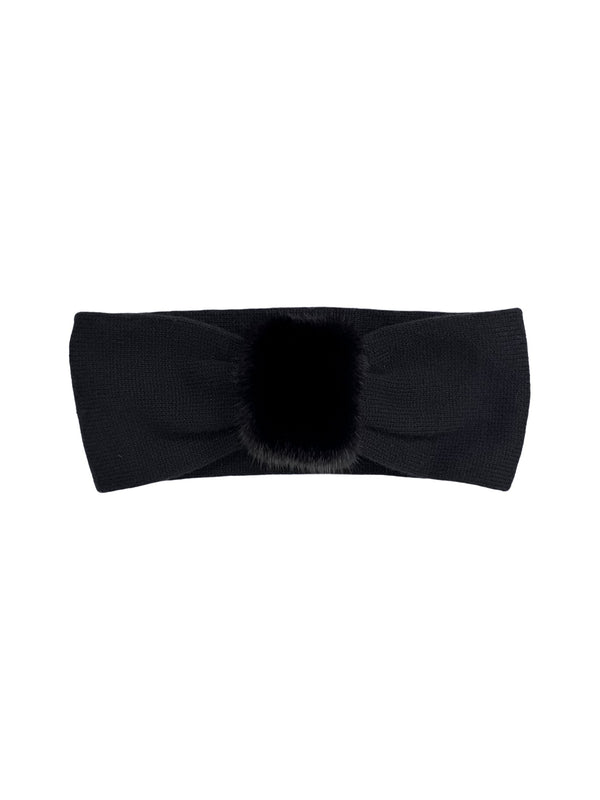 Black cashmere headband with black mink fur detail, flat front view, luxury winter ear warmer for women by FurbySD.