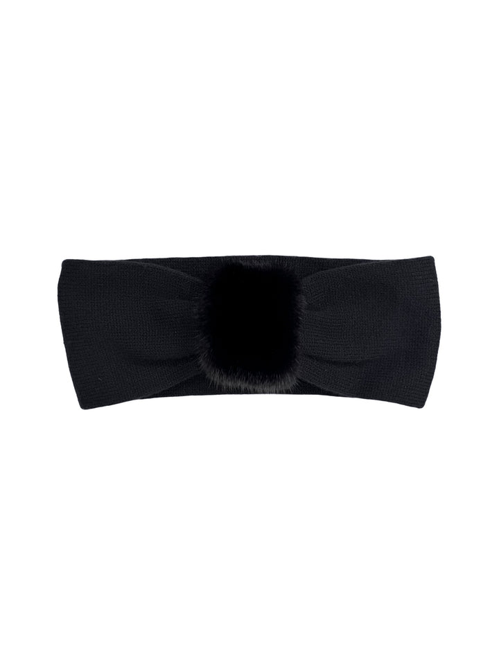 Black cashmere headband with black mink fur detail, flat front view, luxury winter ear warmer for women by FurbySD.