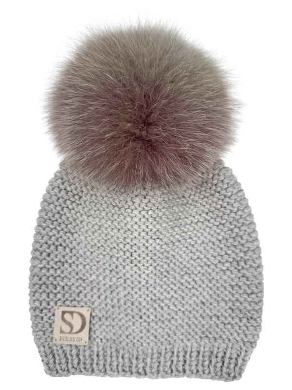 Greige Beanie With Brown Fox Fur Pom Pom
