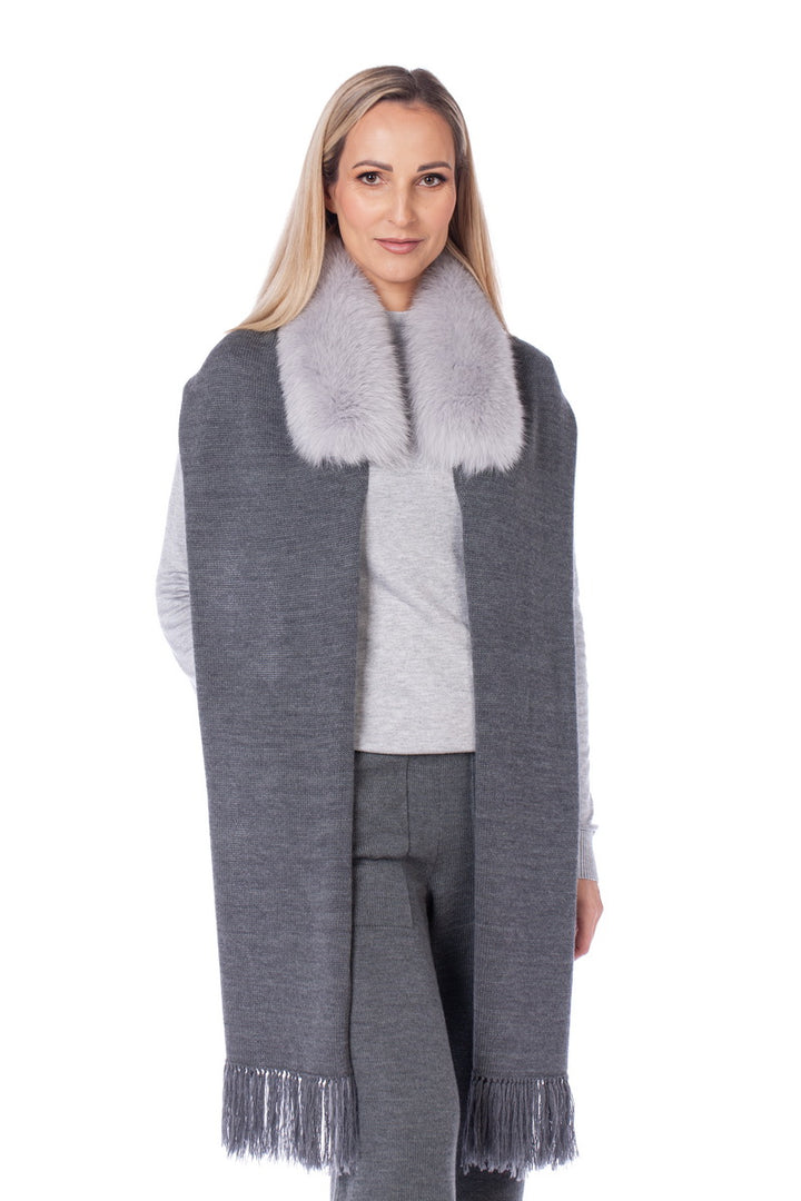 Grey Fox Fur Collar With Long Wool Scarf