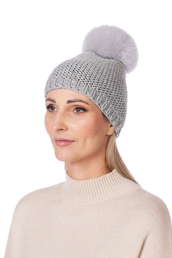 Grey Merino Wool Cable Knit Beanie With Fox Fur Bobble