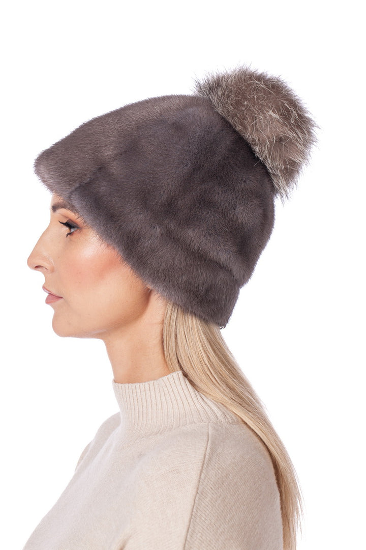 Brown Mink Fur Hat With Silver Fox Fur Bobble