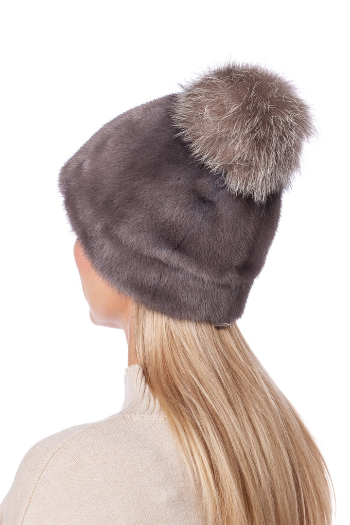 Brown Mink Fur Hat With Silver Fox Fur Pom Pom