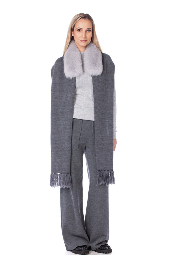 Grey Wool Scarf With Fox Fur Collar
