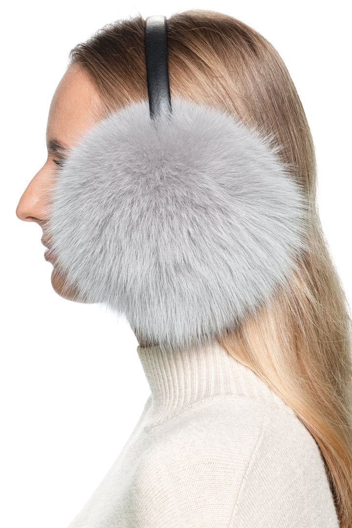 Soft and fluffy grey fox fur earmuffs – right side profile view with leather headband, luxury handmade winter ear warmers and holiday gift for her.