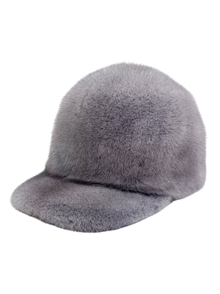 Front view of a grey mink fur baseball cap — luxury winter hat with brim for men and women.