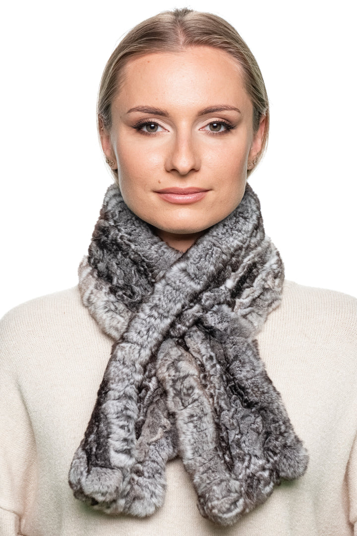 Woman wearing grey Rex rabbit fur knitted scarf, luxury handmade real fur winter neck warmer by FurbySD.