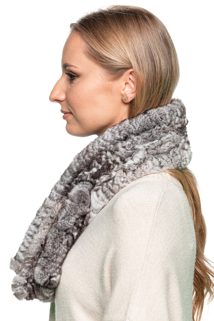 Profile view of woman wearing soft grey Rex rabbit fur scarf, plush winter neck warmer handmade by FurbySD.