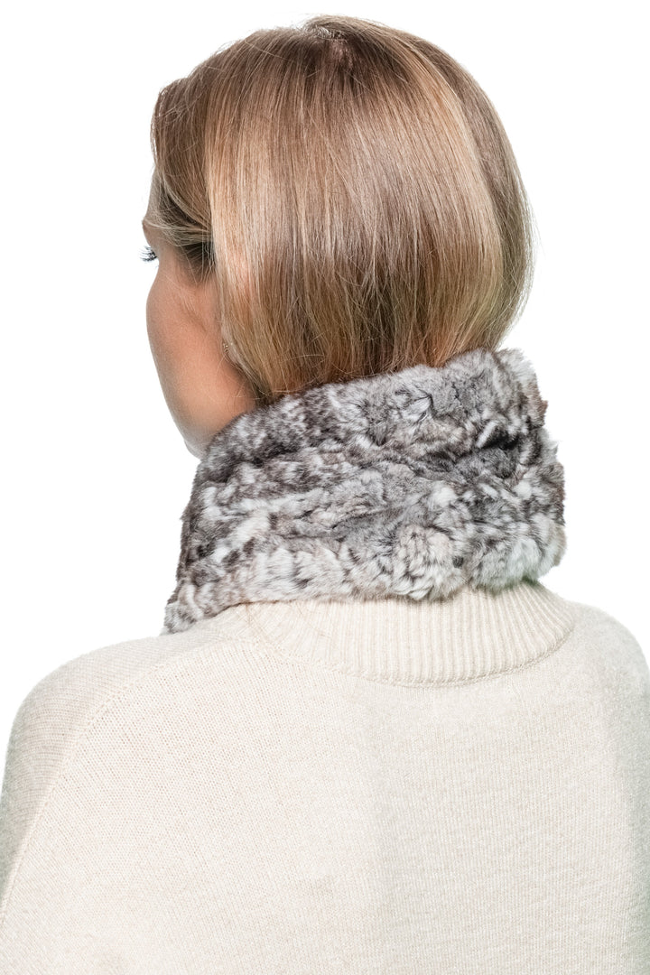 Back view of Rex rabbit fur scarf in grey tones, hand-knit real fur neck wrap for cozy winter elegance.