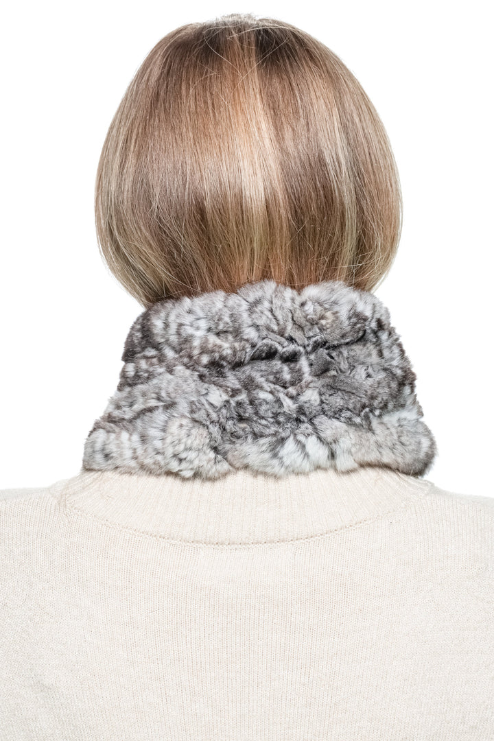 Luxury handmade grey Rex rabbit fur scarf from behind, soft plush winter accessory for women by FurbySD.