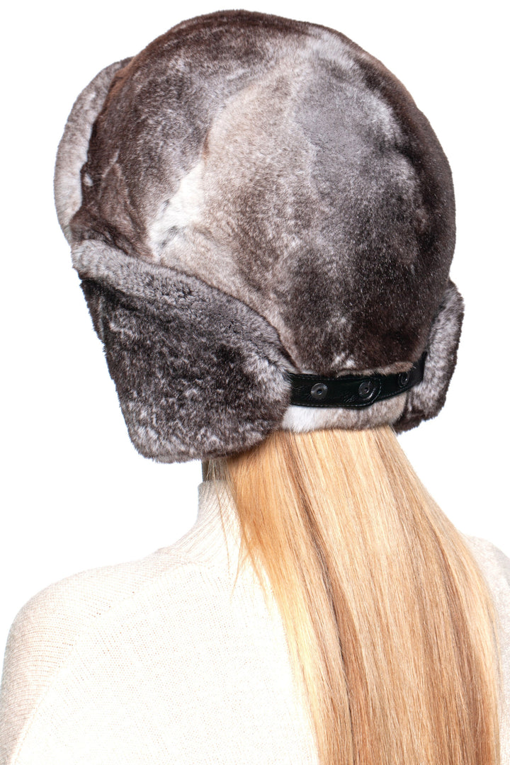 Grey Rex Rabbit Fur Ushanka Hat from behind, showcasing earflaps and luxurious texture for winter warmth.