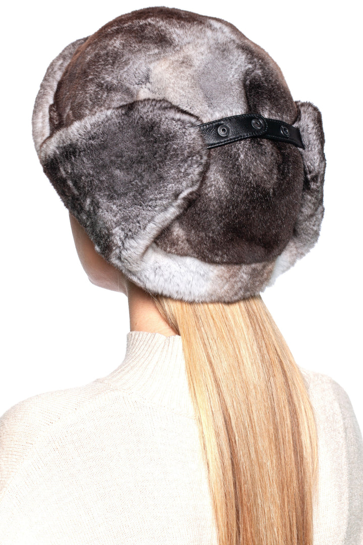 Back view of a luxurious Grey Rex Rabbit Fur Ushanka Hat with earflaps and leather straps, perfect for winter.