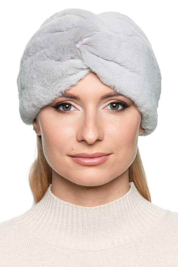 Front view of grey mink fur turban headband, soft sheared mink fur ear warmer with cashmere lining, handmade winter hair wrap for women.