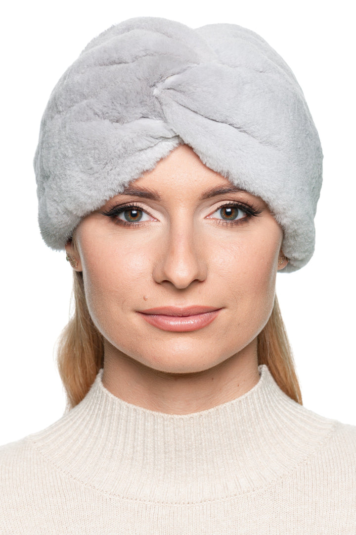 Front view of grey mink fur turban headband, soft sheared mink fur ear warmer with cashmere lining, handmade winter hair wrap for women.