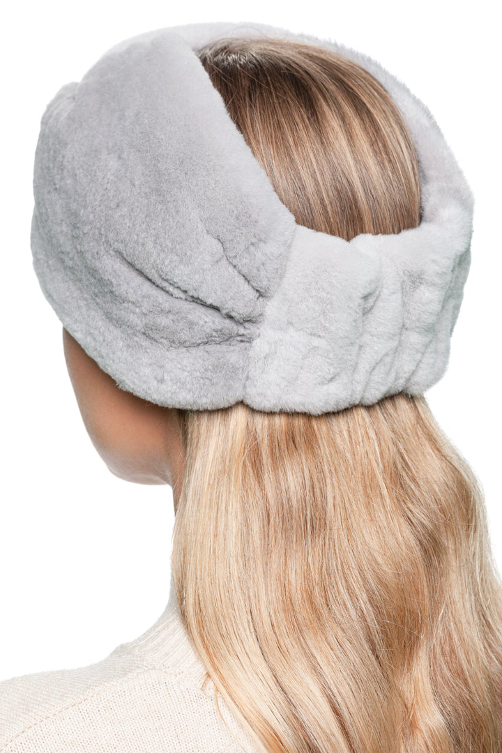 Back view of grey mink fur winter headband, handmade sheared fur headwrap with cashmere lining, stylish and warm ear warmer for women.