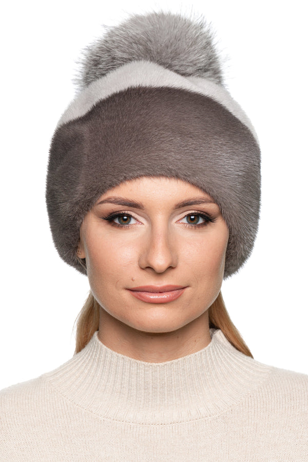 Luxury grey and brown mink fur beanie hat with fluffy silver fox fur pom pom, striped design, warm winter fashion for women.