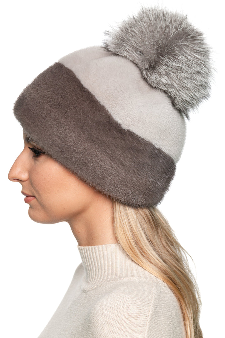 Handmade mink fur beanie in grey and brown color block with soft silver fox fur pom pom, warm winter hat for women.