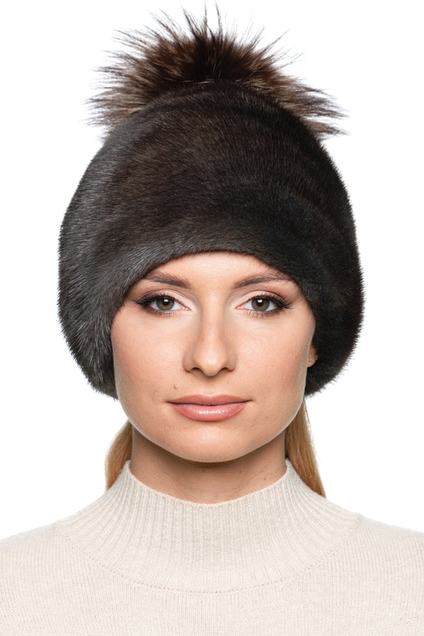 Women’s grey brown mink fur hat with fox pom pom, handmade real fur beanie for winter warmth and luxury fashion by FurbySD.