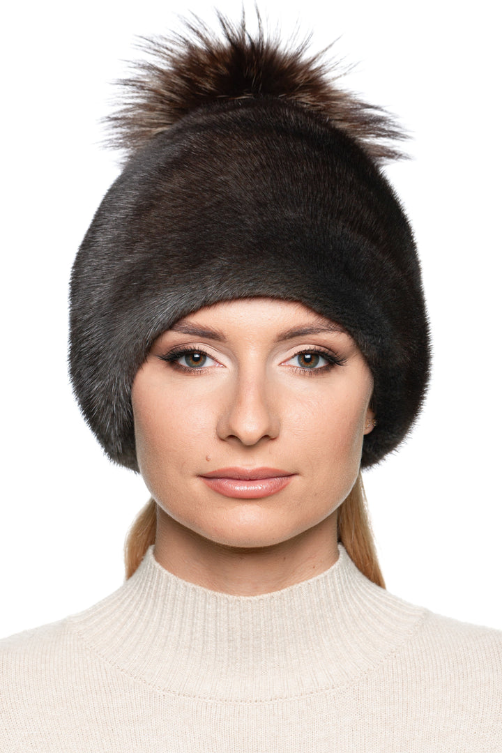 Women’s grey brown mink fur hat with fox pom pom, handmade real fur beanie for winter warmth and luxury fashion by FurbySD.