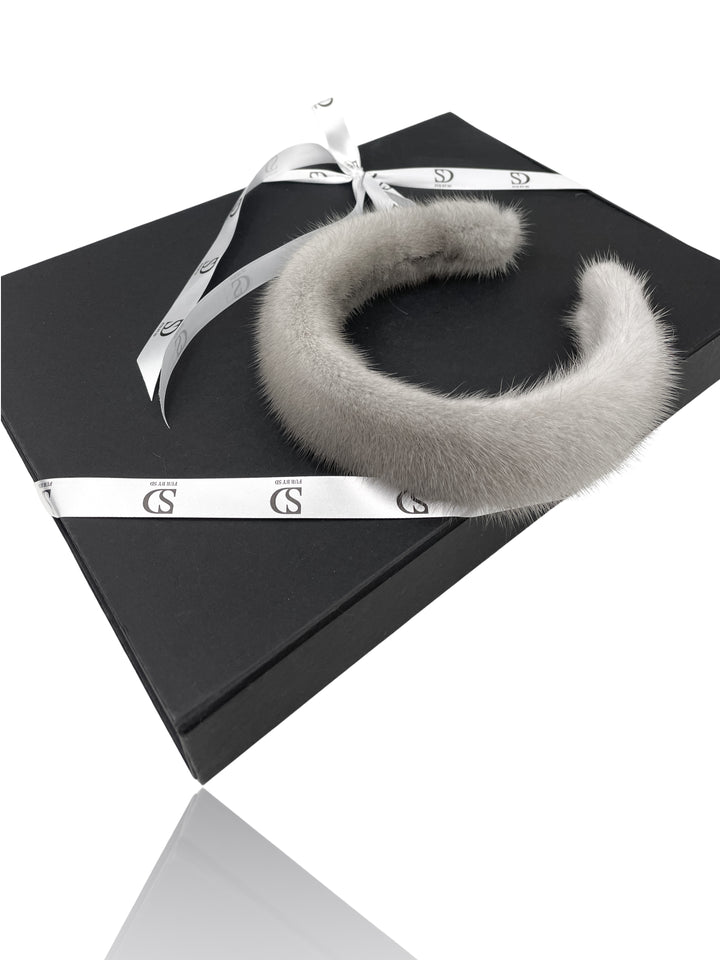 Grey mink fur headband with FurbySD box