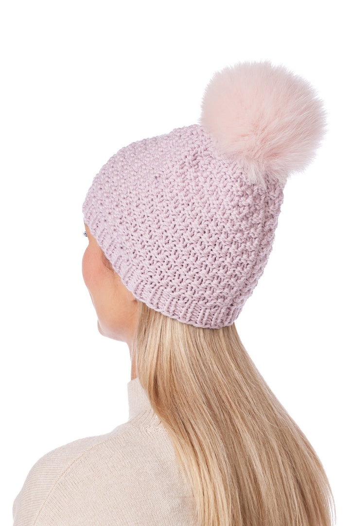 Hand Knitted Pink Merino Wool Beanie With Fur Bobble