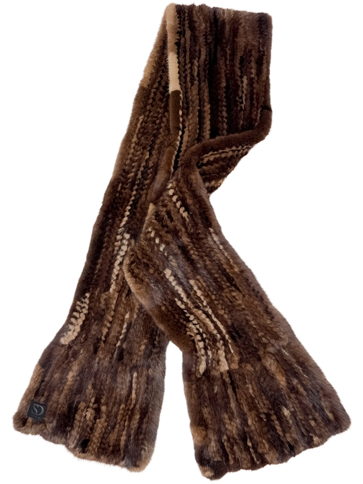 Brown real mink fur knitted scarf on a white background