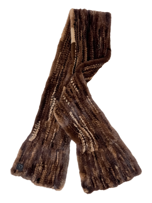 Brown knitted large mink fur scarf on a white background