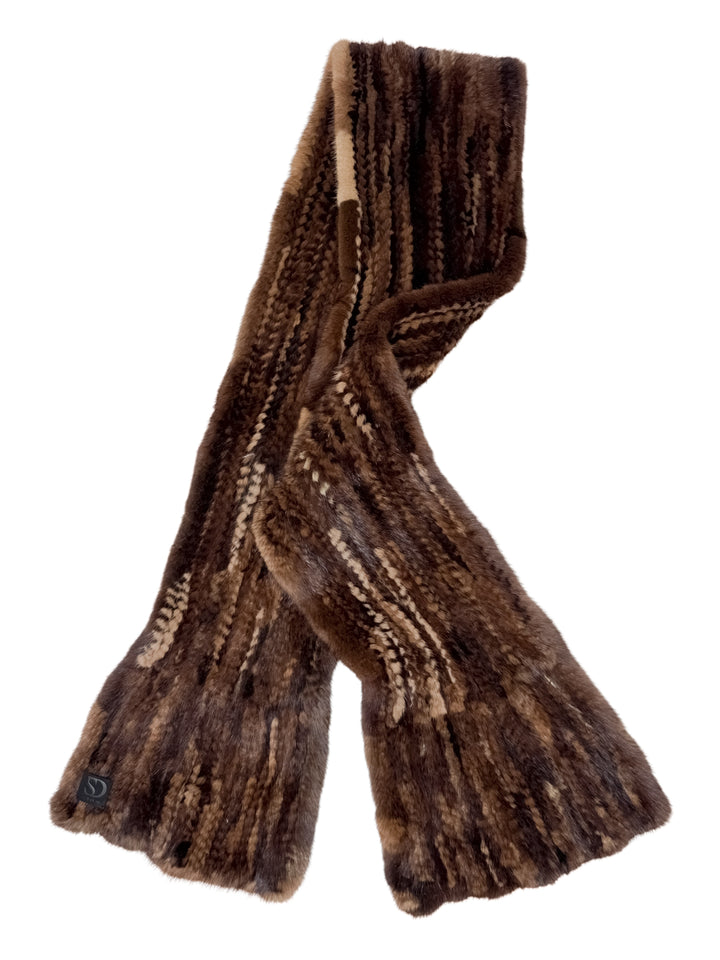 Brown knitted large mink fur scarf on a white background